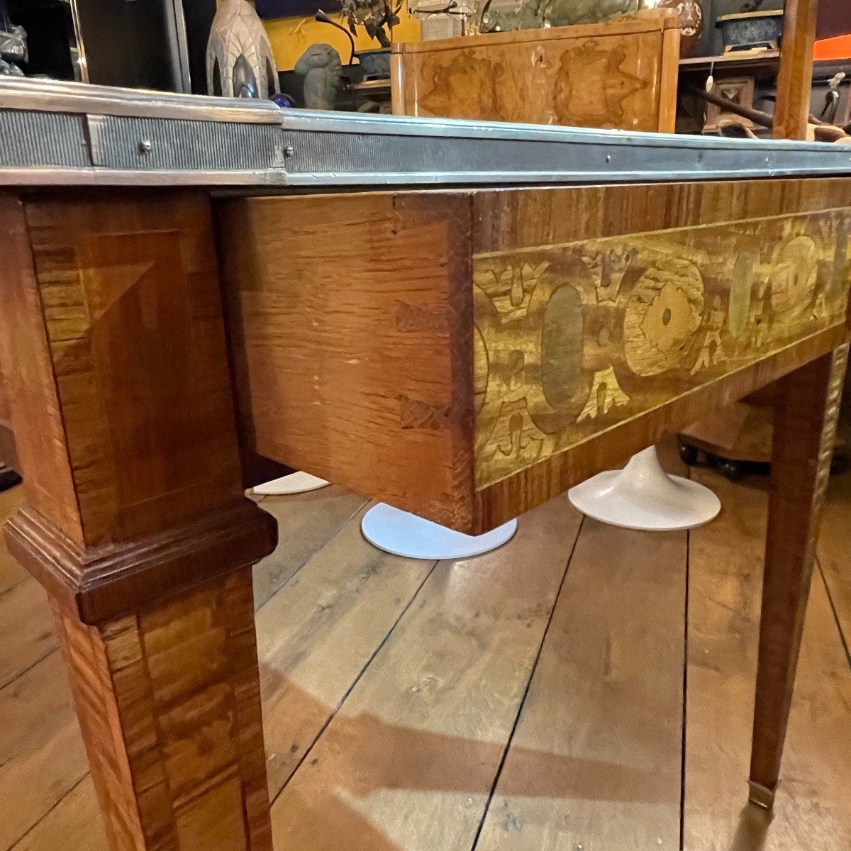 Table / Desk Louis XVI Directoire Inlaid, Brass Belt 2 Drawers, 19th-photo-4